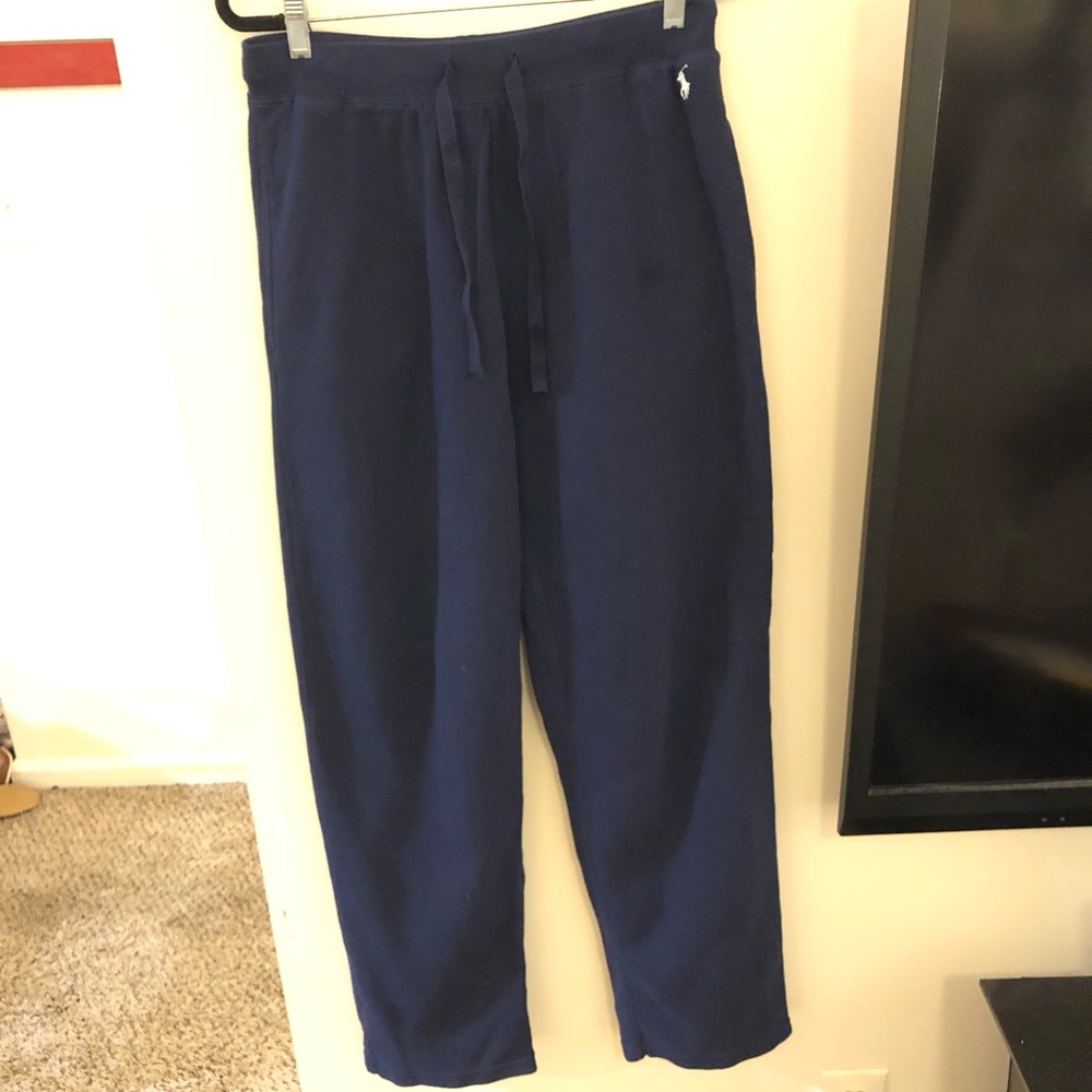Polo Ralph Lauren navy blue wide leg waffle knit cotton draw string sweat pants